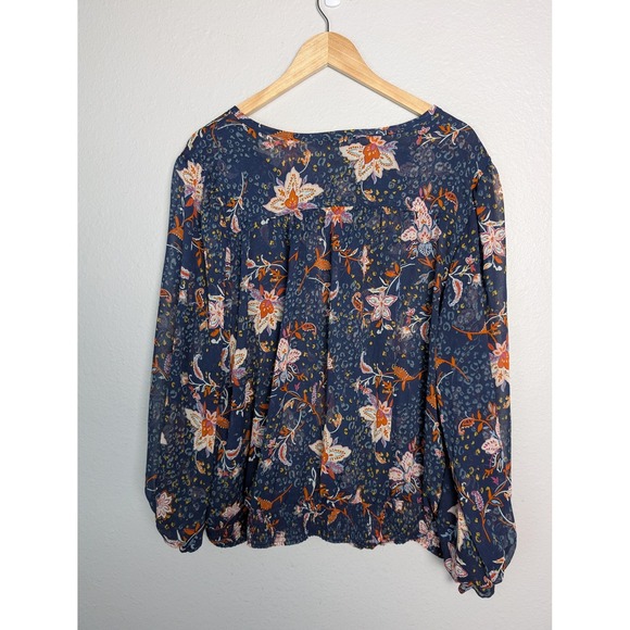 Democracy Shirt Womens 3X Blue Floral‎ Sheer Henley Tunic Top Long Sleeve Boho - Picture 2 of 9